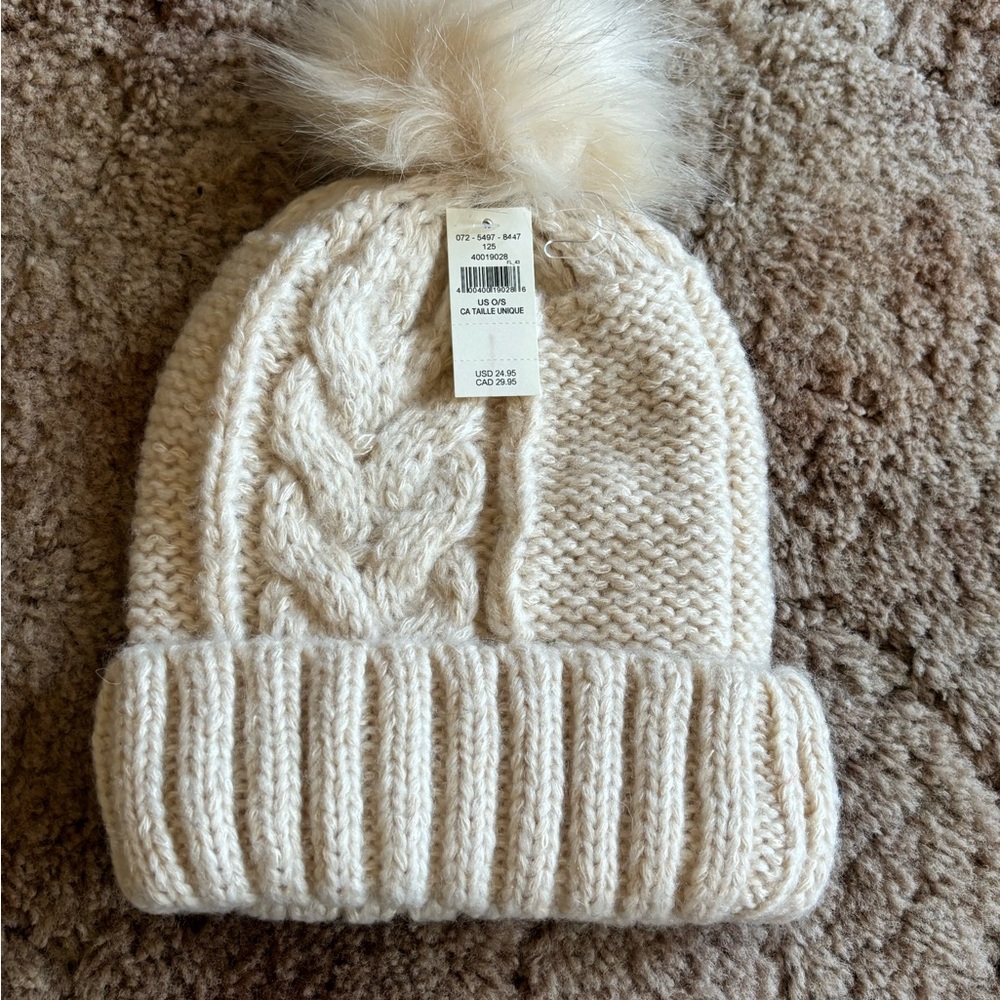 Aerie Cream Chunky Knit Beanie with Pom Pom